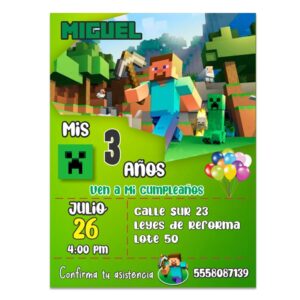Invitaciones Personalizadas Minecraft 10 pzas