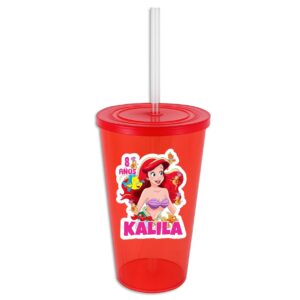 vaso de plastico personalizado con tapa y popote recuerdo fiesta sirenita ariel