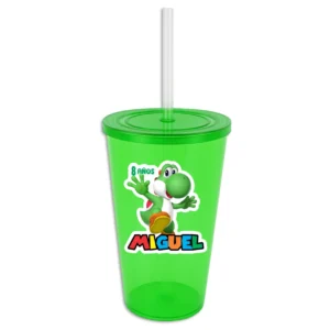 vaso de plastico personalizado con tapa y popote recuerdo yoshi